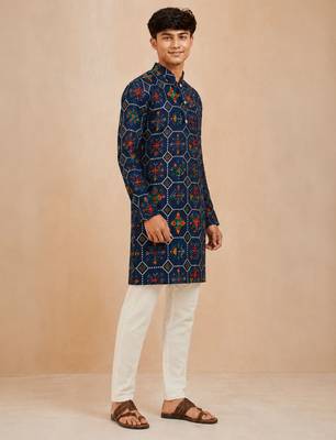Boy's navy blue rayon printed knee length kurta and pyjama set 4