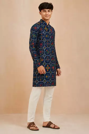 Boy's navy blue rayon printed knee length kurta and pyjama set