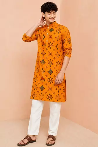 Boy's mustard rayon geometric print knee length kurta and pyjama set