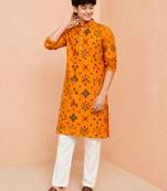 Boy's mustard rayon geometric print knee length kurta and pyjama set