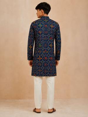 Boy's navy blue rayon printed knee length kurta and pyjama set 5
