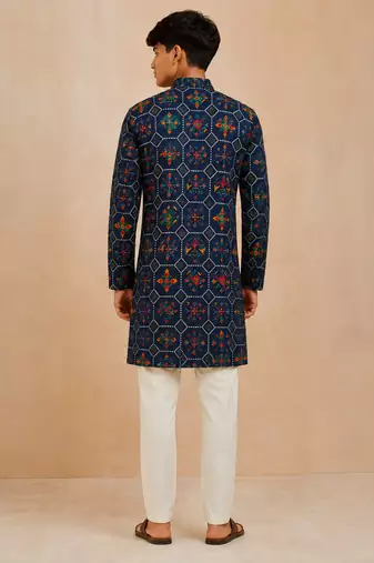 Boy's navy blue rayon printed knee length kurta and pyjama set