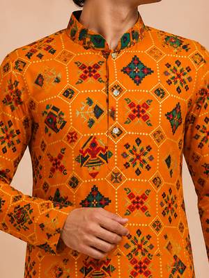 Boy's mustard rayon geometric print knee length kurta and pyjama set 2