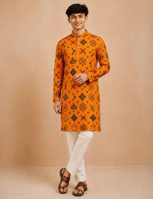 Boy's mustard rayon geometric print knee length kurta and pyjama set 3
