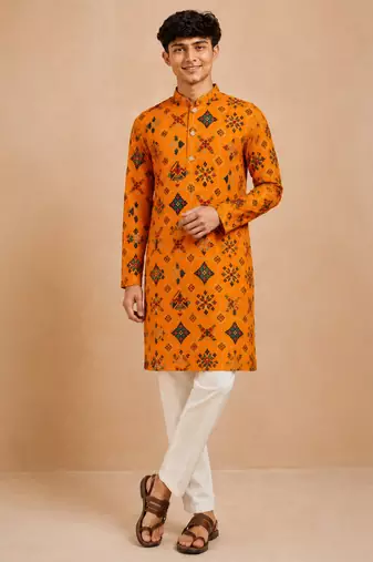 Boy's mustard rayon geometric print knee length kurta and pyjama set