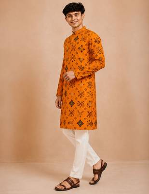 Boy's mustard rayon geometric print knee length kurta and pyjama set 4