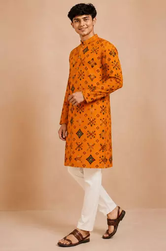 Boy's mustard rayon geometric print knee length kurta and pyjama set