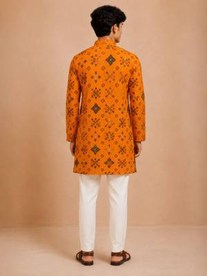 Boy's mustard rayon geometric print knee length kurta and pyjama set 5