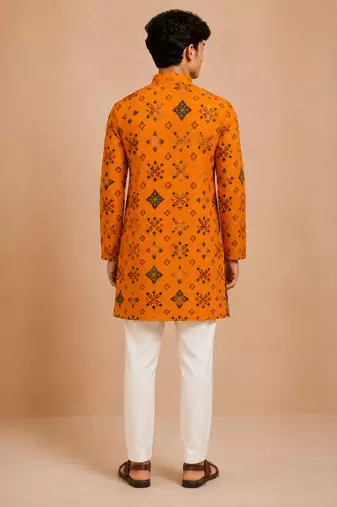Boy's mustard rayon geometric print knee length kurta and pyjama set