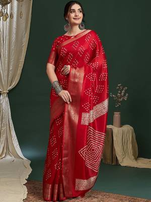 Women Red Silk Blend Ethnic Printed Fastive Wear Saree With Matching Blouse 1