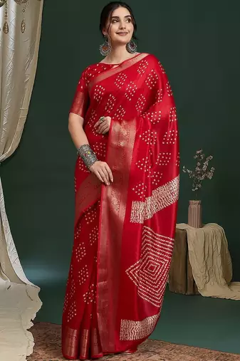 Women Red Silk Blend Ethnic Printed Fastive Wear Saree With Matching Blouse