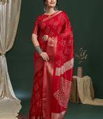 Women Red Silk Blend Ethnic Printed Fastive Wear Saree With Matching Blouse