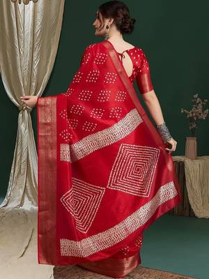 Women Red Silk Blend Ethnic Printed Fastive Wear Saree With Matching Blouse 2