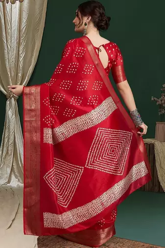 Women Red Silk Blend Ethnic Printed Fastive Wear Saree With Matching Blouse