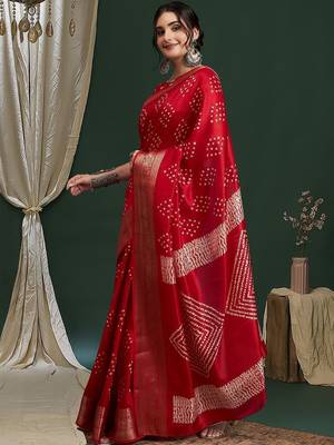 Women Red Silk Blend Ethnic Printed Fastive Wear Saree With Matching Blouse 3