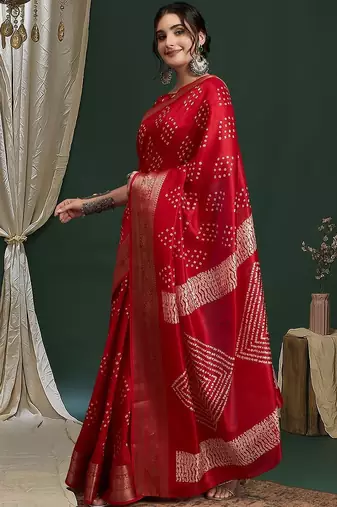 Women Red Silk Blend Ethnic Printed Fastive Wear Saree With Matching Blouse