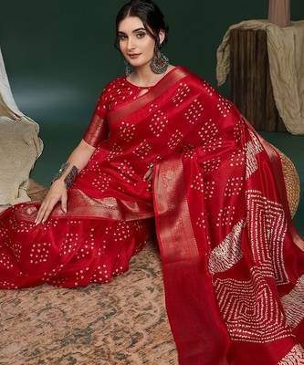 Women Red Silk Blend Ethnic Printed Fastive Wear Saree With Matching Blouse 5
