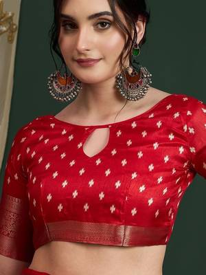 Women Red Silk Blend Ethnic Printed Fastive Wear Saree With Matching Blouse 7