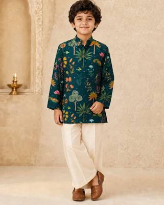 Boy's dark green muslin floral print thaigh length kurta and wide leg pant 1