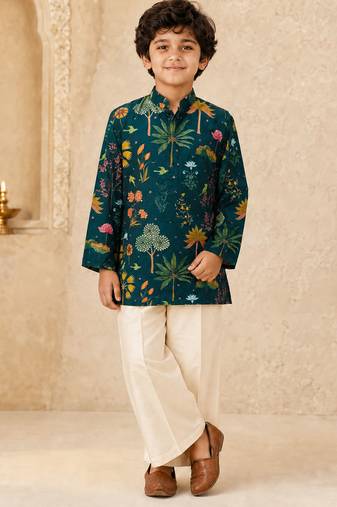 Boy's dark green muslin floral print thaigh length kurta and wide leg pant