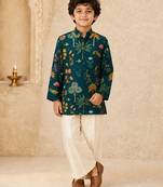 Boy's dark green muslin floral print thaigh length kurta and wide leg pant