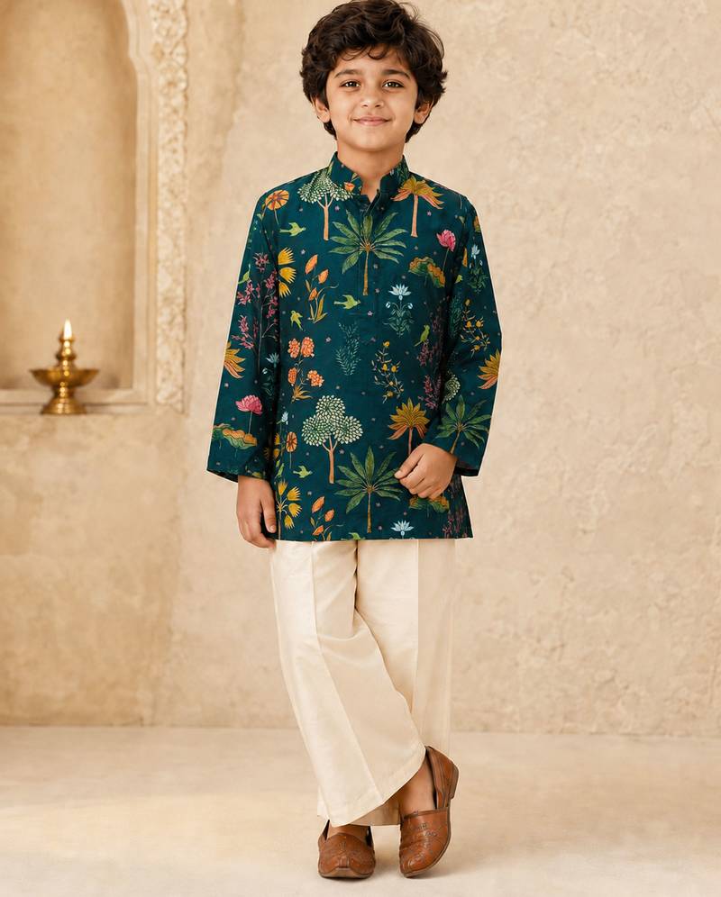 Boy's dark green muslin floral print thaigh length kurta and wide leg pant