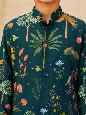 Boy's dark green muslin floral print thaigh length kurta and wide leg pant 2