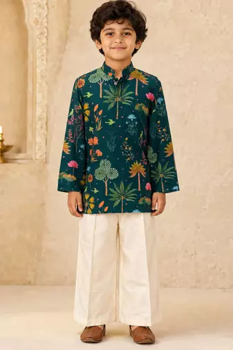 Boy's dark green muslin floral print thaigh length kurta and wide leg pant
