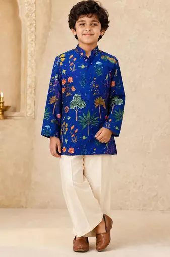Boy's blue muslin floral print thaigh length kurta and wide leg pant