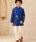 Boy's blue muslin floral print thaigh length kurta and wide leg pant