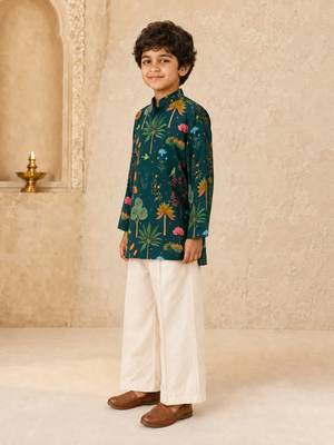 Boy's dark green muslin floral print thaigh length kurta and wide leg pant 4