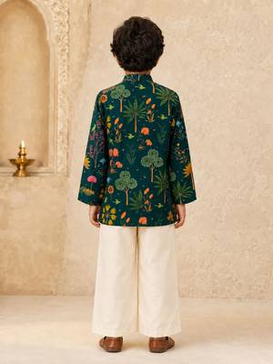 Boy's dark green muslin floral print thaigh length kurta and wide leg pant 5