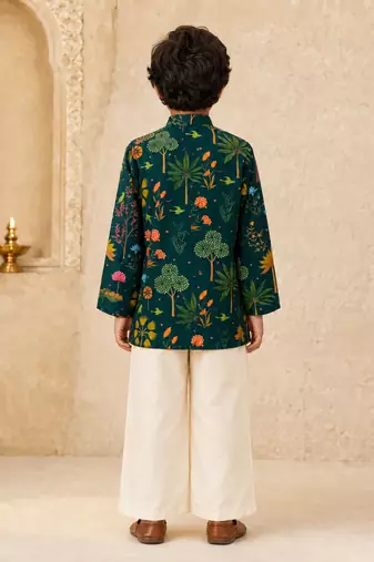 Boy's dark green muslin floral print thaigh length kurta and wide leg pant