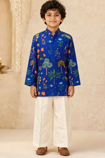Boy's blue muslin floral print thaigh length kurta and wide leg pant