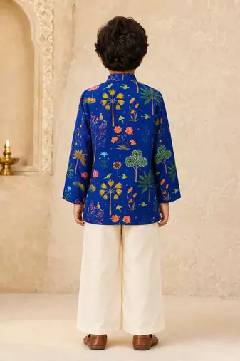 Boy's blue muslin floral print thaigh length kurta and wide leg pant