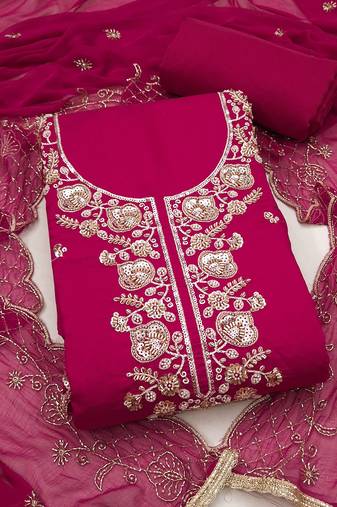 magenta unstitched thread embroidery handwork with embroidered dupatta silk blend dress material