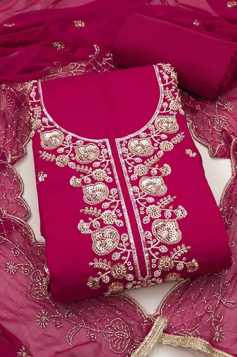 magenta unstitched thread embroidery handwork with embroidered dupatta silk blend dress material
