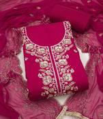 magenta unstitched thread embroidery handwork with embroidered dupatta silk blend dress material