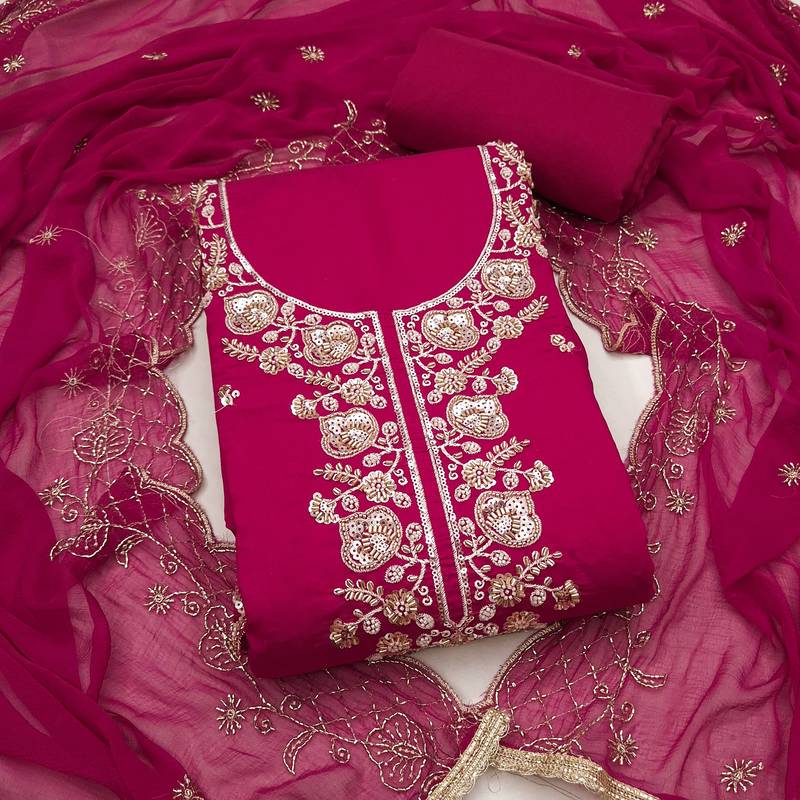 magenta unstitched thread embroidery handwork with embroidered dupatta silk blend dress material