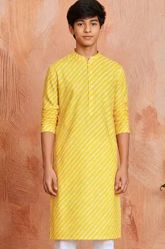 Boy's yellow cotton printed knee length kurta
