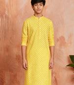 Boy's yellow cotton printed knee length kurta