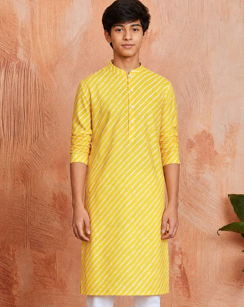 Boy's yellow cotton printed knee length kurta
