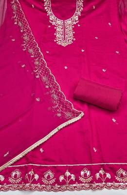 magenta unstitched thread embroidery handwork with embroidered dupatta silk blend dress material 2