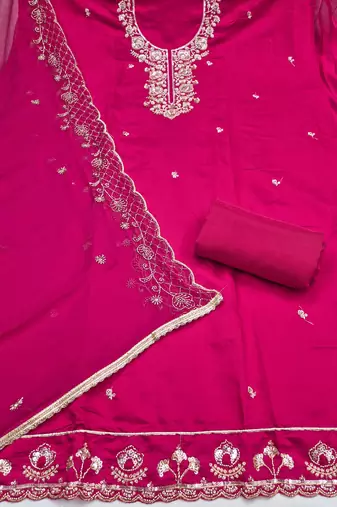 magenta unstitched thread embroidery handwork with embroidered dupatta silk blend dress material