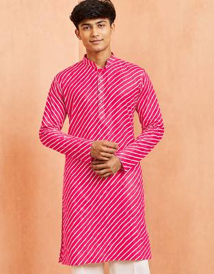 Boy's pink cotton striped knee length kurta 1