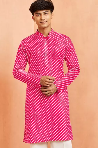 Boy's pink cotton striped knee length kurta