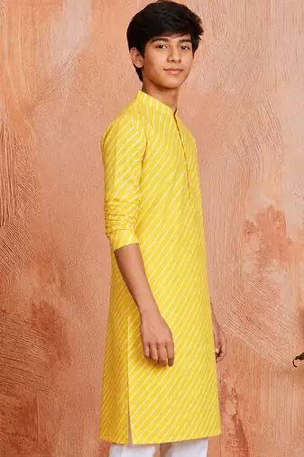 Boy's yellow cotton printed knee length kurta