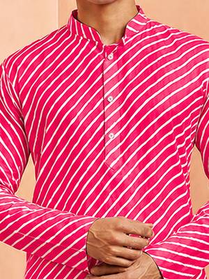 Boy's pink cotton striped knee length kurta 2
