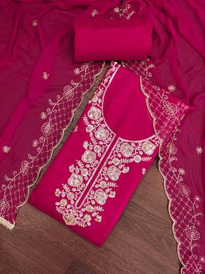 magenta unstitched thread embroidery handwork with embroidered dupatta silk blend dress material 4