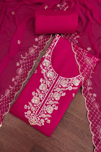 magenta unstitched thread embroidery handwork with embroidered dupatta silk blend dress material
